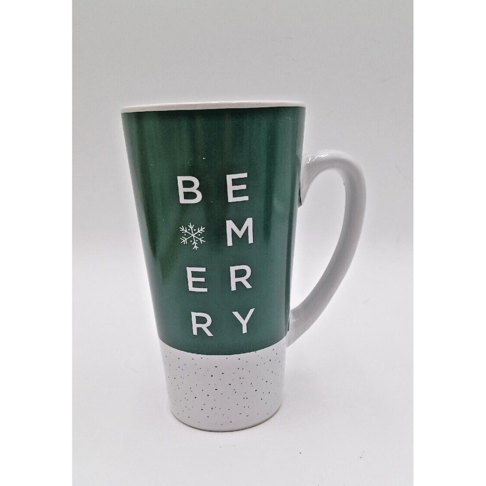Starbucks Be Merry‎ Holiday Coffee Mug 14oz Green White Speckled Snowflake 2018